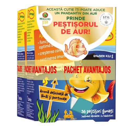 Pachet Pestisori gumati cu Omega-3 si aroma de portocala, 2*36 jeleuri, Moller's
