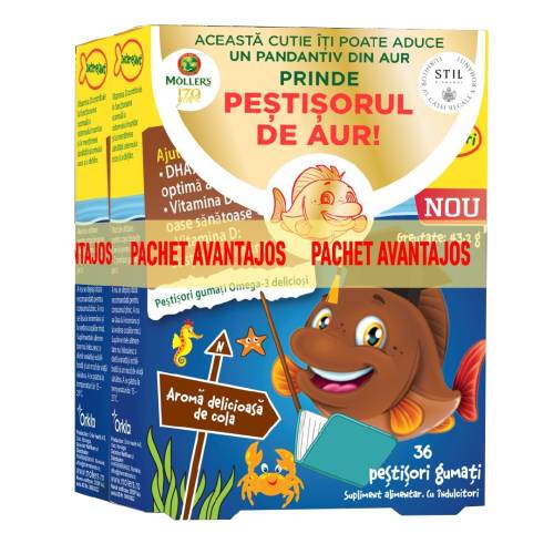 Pachet Pestisori gumati cu Omega-3 si aroma cola, 2*36 jeleuri, Moller's