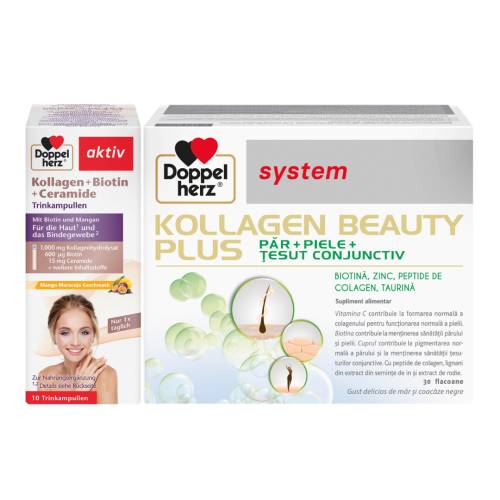 Pachet Kollagen Beauty Plus*30 flacoane și Kollagen+Biotină+Ceramide*10 flacoane, Doppelherz