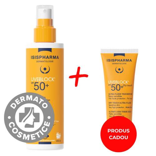 Pachet Spray cu protectie solara SPF50+ UVEBLOCK 200ml + Fluid protector cu efect matifiant SPF50+ UVEBLOCK 40ml, Isis Pharma