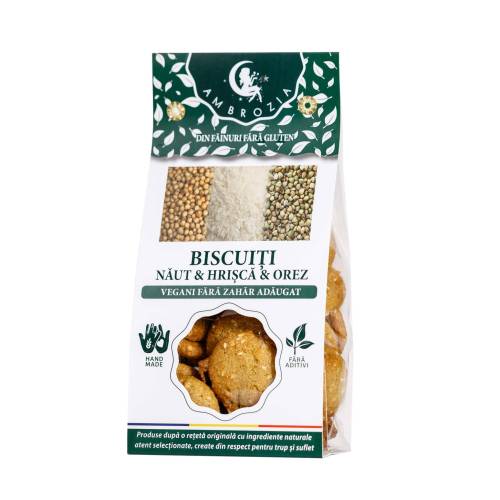 BISCUITI VEGANI CU NAUT, HRISCA SI OREZ, fara zahar, fara gluten  – 130g - Hiper Ambrozia
