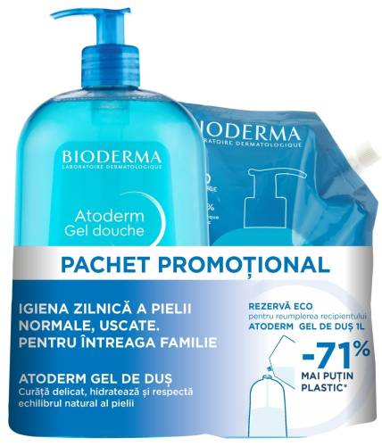 Pachet Promo Bioderma Atoderm Gel Dus 1000 ml + Atoderm Gel Dus Eco Refill 1000 ml