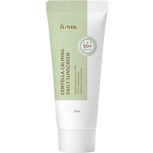 IUNIK Centella Calming Daily Sunscreen – Crema de fata mini SPF50+ pentru protectie si calmare, 15 ml