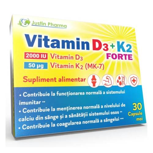 Vitamin D3+K2 Forte, 30 capsule moi, Justin Pharma