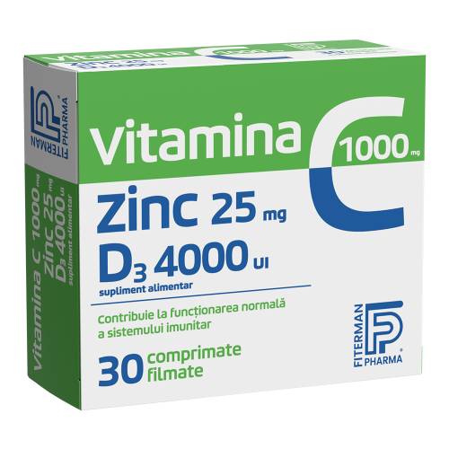 Vitamina C 1000mg + Zinc 25mg + D3 4000UI, 30 comprimate, Fiterman