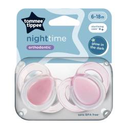 Suzete ortodontice Night Time, 6-18 luni, 2 bucati, roz, Tommee Tippee