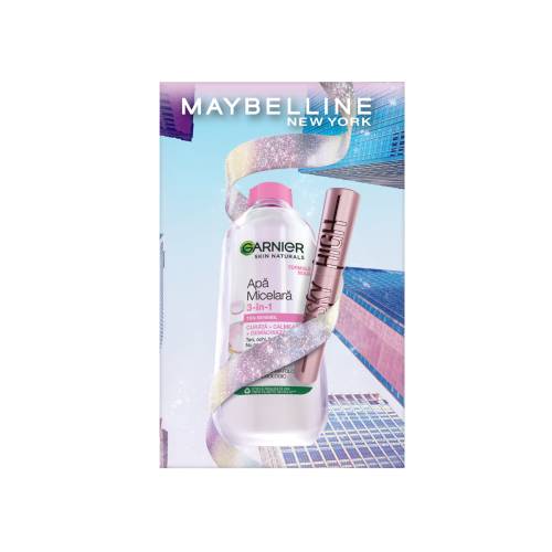 Pachet Apa micelara Skin Naturals 400ml, Garnier + Mascara Lash Sensational Sky High Black, 7.2ml, Maybelline