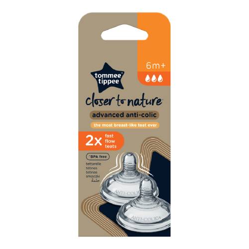 Tetina din silicon anti-colici cu flux rapid, +6 luni, 2 bucati, Tommee Tippee