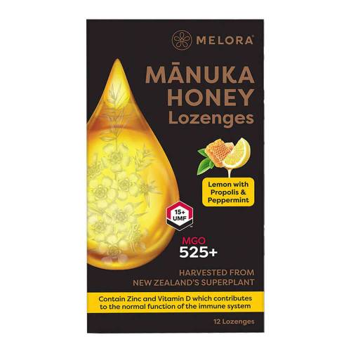 Dropsuri miere de Manuka MGO 525+ UMF 15+ cu lamaie si propolis, 12 buc, Melora