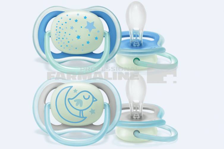 Avent SCF376/21 Suzeta ultra air 6-18 luni cu inel fosforescent pentru baieti 2 bucati