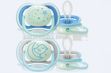 Avent SCF376/21 Suzeta ultra air 6-18 luni cu inel fosforescent pentru baieti 2 bucati
