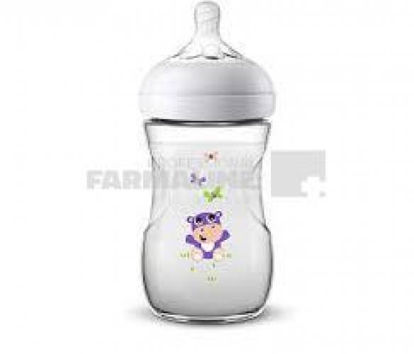 Avent SCF070/22 Biberon Natural cu hipopotam mov ultra soft 260 ml