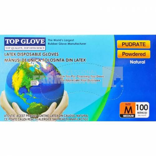 Manusi Examinare latex pudrate ''M'' - Top Glove 100 bucati