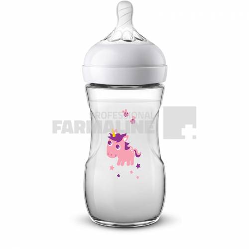 Avent Natural SCF070/25 Biberon cu tetina ultra soft imprimeu unicorn roz mov 260 ml
