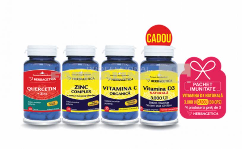 Pachet Imunitate Quercetin + Zinc 30 comprimate + Zinc Complex 30 comprimate + Vitamina c 30 comprimate + Vitamina D3 Naturala 3000 U.I 30 comprimate