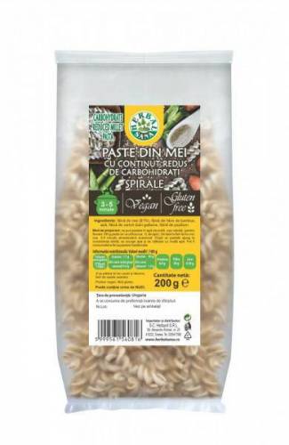 PASTE SPIRALE din MEI cu un CONTINUT REDUS de CARBOHIDRATI, fara gluten, 200 g, HERBAVIT