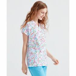 Bluza medicala alba cu imprimeu, Model Inimi - XXL
