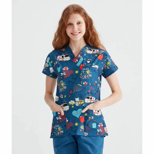 Bluza medicala albastra cu imprimeu, Model Ambulanta - XL