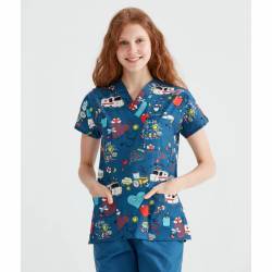 Bluza medicala albastra cu imprimeu, Model Ambulanta - XXL