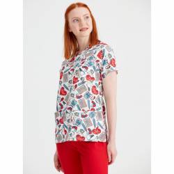 Bluza medicala alba cu imprimeu, Model Inimi Light - S