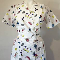 Bluza medicala kimono alba cu imprimeu, model Kids - XL