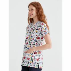 Bluza medicala alba cu imprimeu, Model Masinute - M