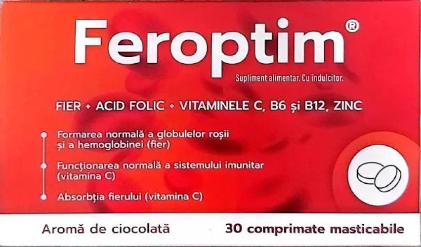 Feroptim aroma ciocolata, 30 comprimate masticabile, Zdrovit