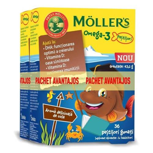 Pachet Pestisori Gumati cu Omega-3 și Aroma de Cola - 36 Jeleuri + 36 Jeleuri, Mollers