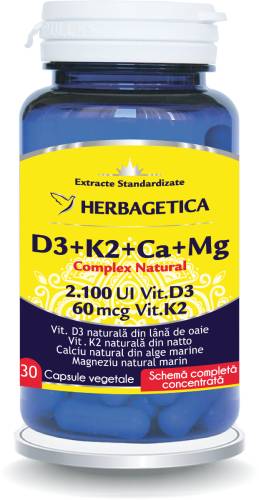 Complex Natural D3+K2+Ca, 30 capsule vegetale, Herbagetica