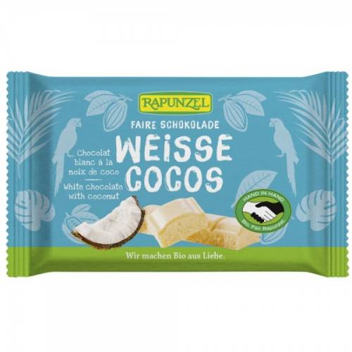 Ciocolata alba bio cu bucatele de cocos Cristalino, 100g, Rapunzel