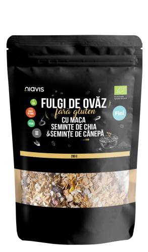 Fulgi de ovaz fini fara gluten cu maca, chia si seminte de canepa Eco, 200g, Niavis
