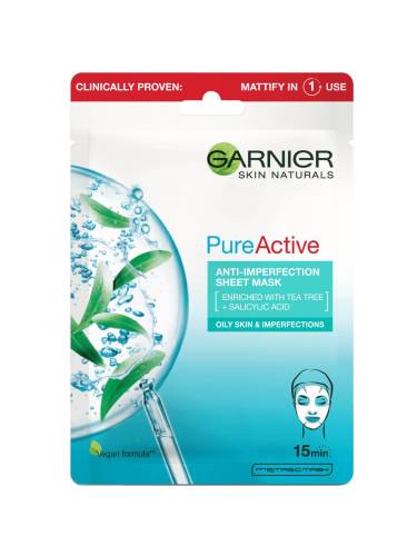 Masca servetel anti-imperfectiuni si hidratare Skin Naturals Pure Active, 23g, Garnier