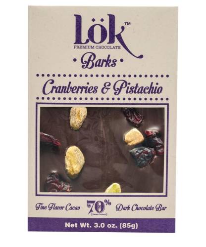 Dark Chocolate 70% cacao cu merisoare si fistic, 85g, LOK