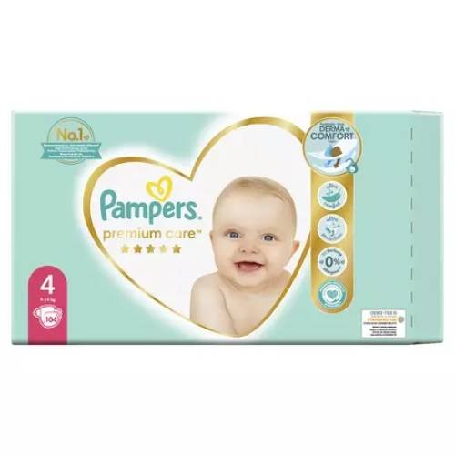 Scutece Premium Care Nr.4 pentru 9-14 kg, 104 bucati, Pampers