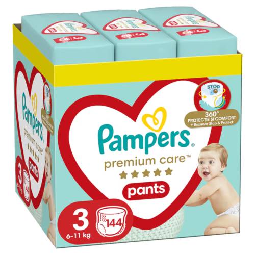 Scutece-chilotel Premium Care Pants XXL Box Marimea 3 pentru 6-11 kg, 144 bucati, Pampers