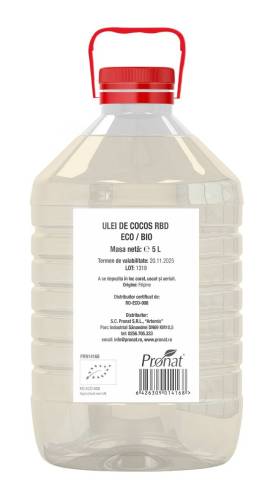 Ulei de cocos dezodorizat, RBD, eco-bio, 5L, Pronat