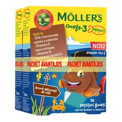 Pachet 2 bucati * Moller s Omega-3, 36 pestisori gumati aroma cola