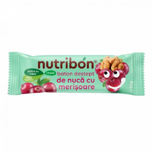Baton vegan nuca cu merisoare, 30g, Nutribon